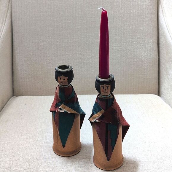 Handcrafted Solid Wood Native American Women Taper Candleholders Set of 2 - Picture 11 of 12